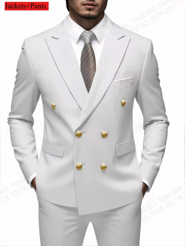 Men Double Breasted Suit Black Slim Fit High Quality Wedding Costume Party Prom Gold Button Male Suits