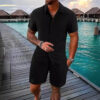 S8b487884d12c48538e8d8ee3f102a0a84.jpg Spring And Summer New Sports Men's Polo Casual Solid Color Loose Short-sleeved Drawstring Shorts Cardigan Striped Sports Suit