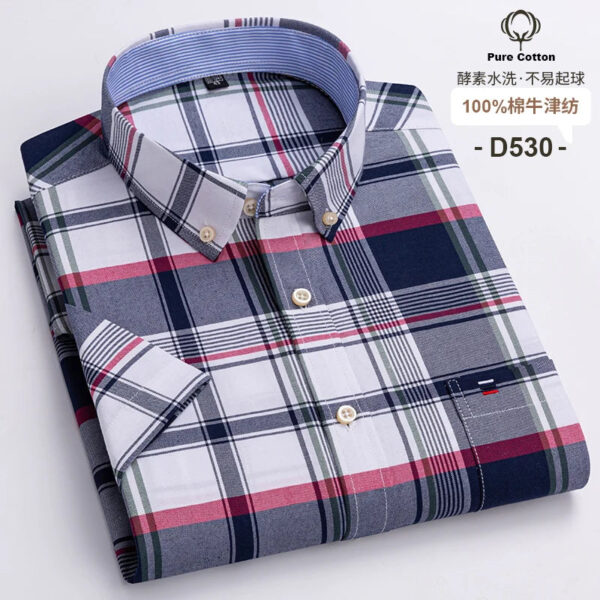 S8b595f4e398d415b9c1b303cb102fb6cb.jpg Fashionable Men's Shirt Short Sleeve 100% Cotton Oxford Stripe Plaid Formal Men's Casual Social Shirt Available in Large Sizes