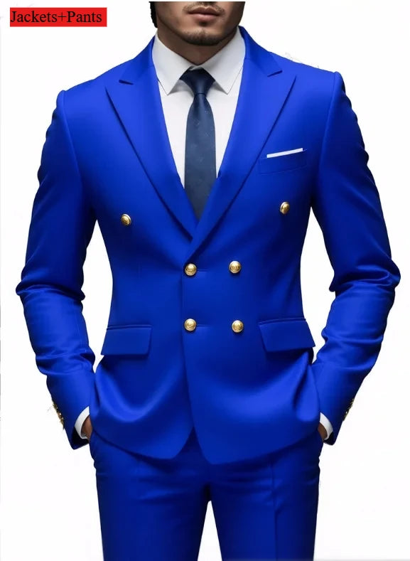 Men Double Breasted Suit Black Slim Fit High Quality Wedding Costume Party Prom Gold Button Male Suits