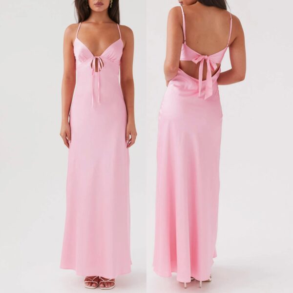 S8d07967ca4c24ffb965360151d5a7de0B.jpg Combhasaki Women's Elegant Solid Color Adjustable Thin Shoulder Straps Cutout Tie-Up Front Backless Summer Long Cami Silky Dress