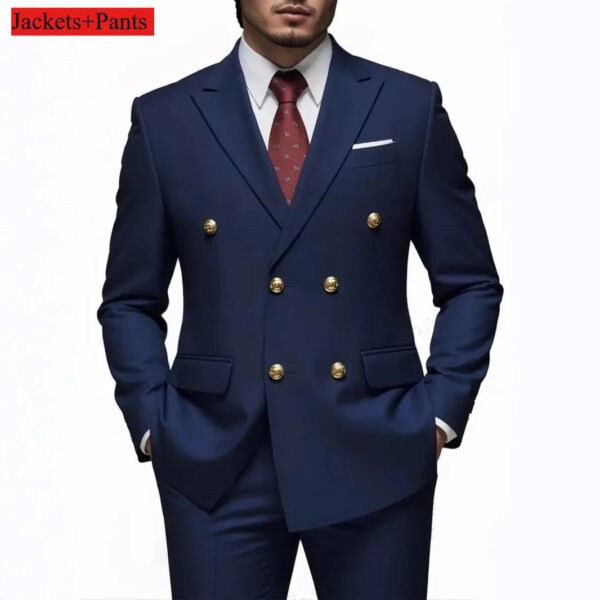 Men Double Breasted Suit Black Slim Fit High Quality Wedding Costume Party Prom Gold Button Male Suits