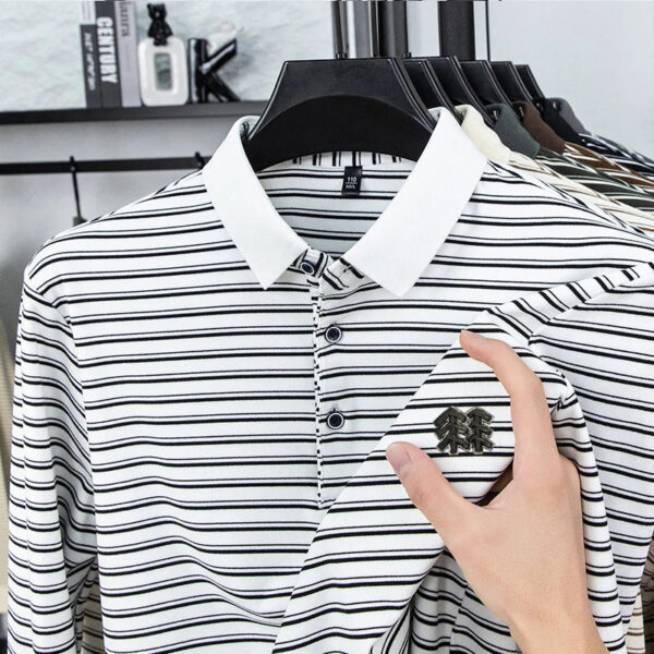S8e19a19e5b4845148428ed0b17d1cf0dq.jpg Men's Striped Long Sleeved T-shirt Polo Shirt Button Up Men's Stand Up Collar, Winter Double-sided German Velvet Base Shirt