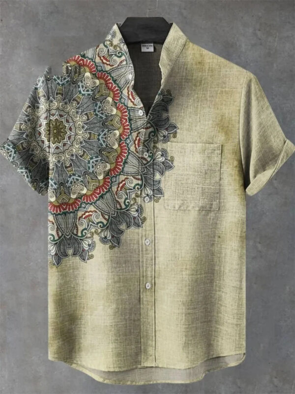 S8efebd1b770e4ef785f8737442a83f3fm.jpg 2025 Men's Mandala Flower Pattern Short Sleeve Shirt Summer Vintage New Linen Shirt men's Short Sleeve Leisure Holiday Streetwea