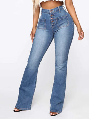 Europe and The United States Slim High Waist Breasted Jeans, Women's Spring and Autumn Fashion Wash Slightly Flared Pants Jeans