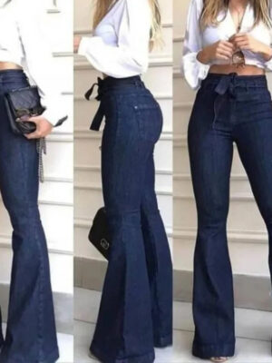 Women Jeans Solid Color High Waist Flare Pants Zipper Fly Flat Pockets Streetwear Slim Patchwork Button Slight Strech Belt