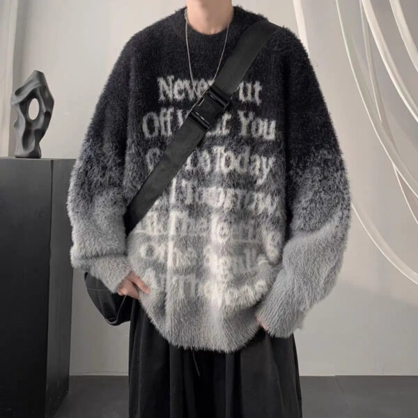 S90599098c6974687b7b4114ad6489b48b.jpg Gradient Letters Retro Sweater Men's Autumn Winter Loose Fashion Brand Handsome Clothes American Trendy Lazy Style Knitted