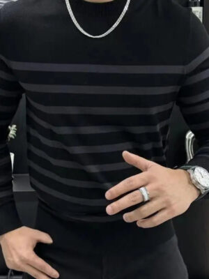 S9226bf28f0674b51ad307613f5e35e78f.jpg Men's Long Sleeved T-shirt with Fashionable Stripes and Round Neck Versatile and Slim Fit Handsome Top