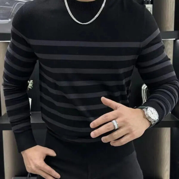 S9226bf28f0674b51ad307613f5e35e78f.jpg Men's Long Sleeved T-shirt with Fashionable Stripes and Round Neck Versatile and Slim Fit Handsome Top