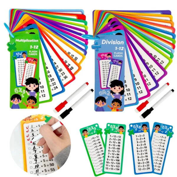 Math Flash Cards Set: Addition, Subtraction, Multiplication, Division & Fraction Learning, 15 Cards + 2 Erasable Pens