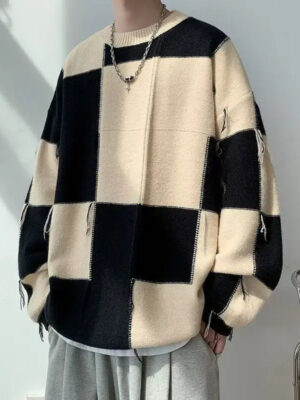 S940c65f9e8cf4521a4ce16775499cc6dR.jpg Plaid Sweater Men Spring and Autumn New Splicing Pullovers O-Neck Fashion Loose Minimalist Casual Long-sleeved Knitted Tops