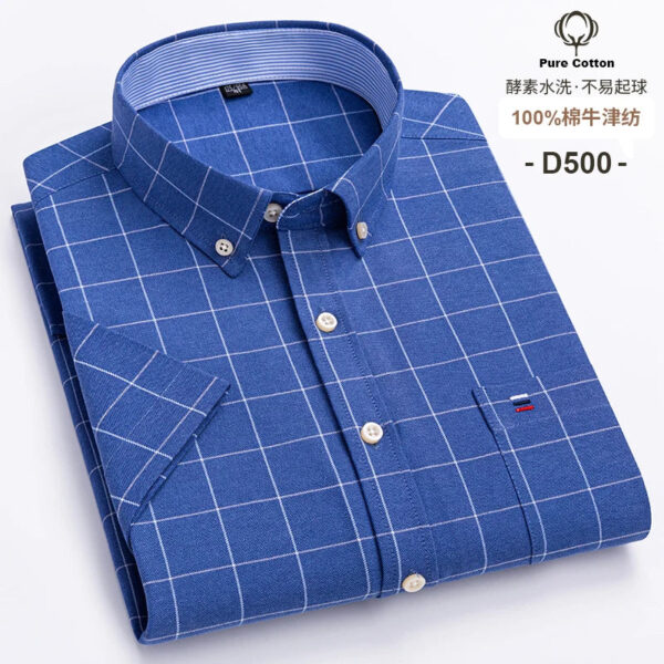 S94319f9cb5044dedae2700cabf231741f.jpg Fashionable Men's Shirt Short Sleeve 100% Cotton Oxford Stripe Plaid Formal Men's Casual Social Shirt Available in Large Sizes