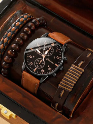 S94ef045a9de8452385d028c2bb0438bcp.jpg New Men Watch Luxury Bracelet Set Fashion Business Brown Leather Quartz Wrist Watches for Men Gift Set Relogio Masculino
