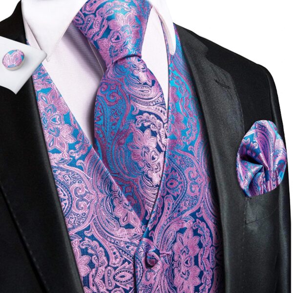 Wedding Purple Men Vest Paisley Floral Necktie Handkerchief Cufflinks Sets Blue Green Red Male Sleeveless V-Neck Waistcoat Party