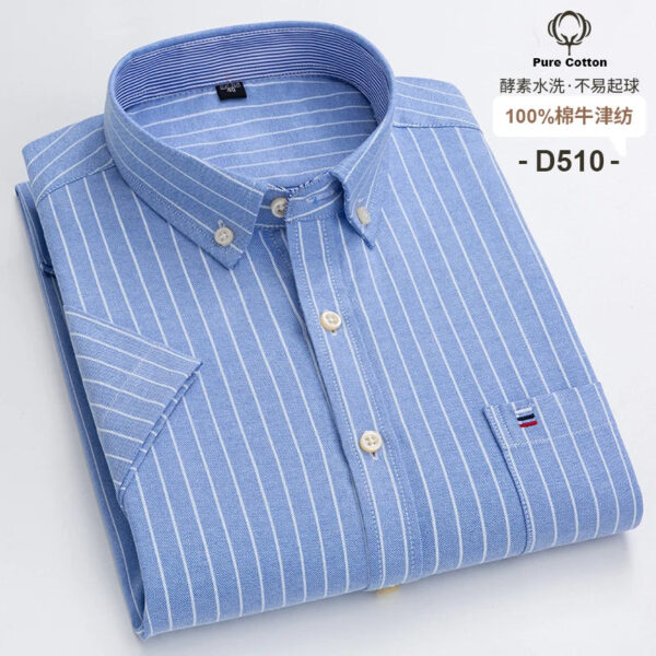 S97b94dbaf979446d85fc79492901a2f9v.jpg Fashionable Men's Shirt Short Sleeve 100% Cotton Oxford Stripe Plaid Formal Men's Casual Social Shirt Available in Large Sizes