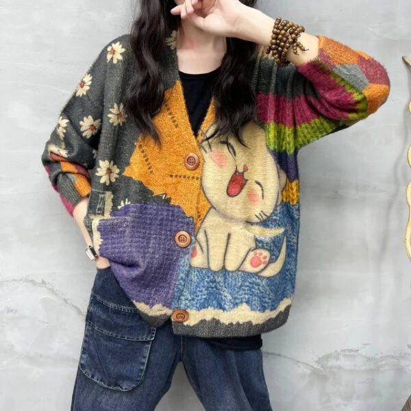 S999ded37e0584dff838d502ec30460234.jpg Women Loose Sweater Ladies Colorful Patchwork V neck Jacket Knitted Outerwear Knit Tops Female Spring Autumn Sweater 2023