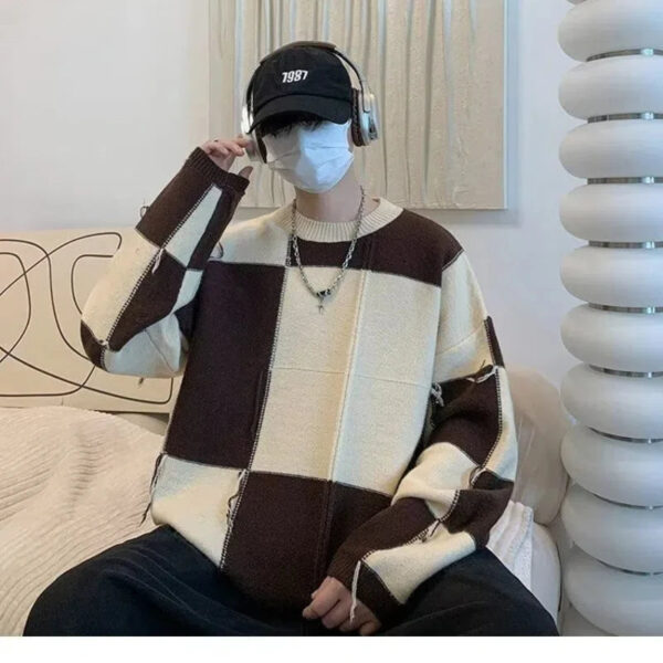 S9a69bc649f9b4c7783e5571becd8bd86C.jpg Plaid Sweater Men Spring and Autumn New Splicing Pullovers O-Neck Fashion Loose Minimalist Casual Long-sleeved Knitted Tops