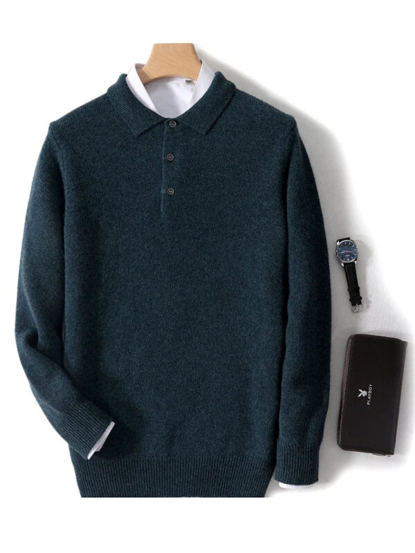 S9a8af38c2c3249fb8cd5bf5a5becd104v.jpg New Men's POLO Collar Sweater Autumn Winter Thick Long Sleeve Business Pullovers 100% Merino Wool Knitwear Shirt Basic Clothes