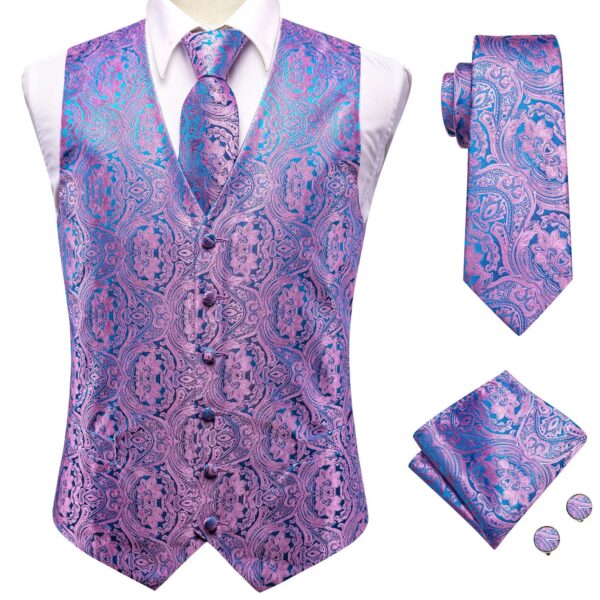 Wedding Purple Men Vest Paisley Floral Necktie Handkerchief Cufflinks Sets Blue Green Red Male Sleeveless V-Neck Waistcoat Party