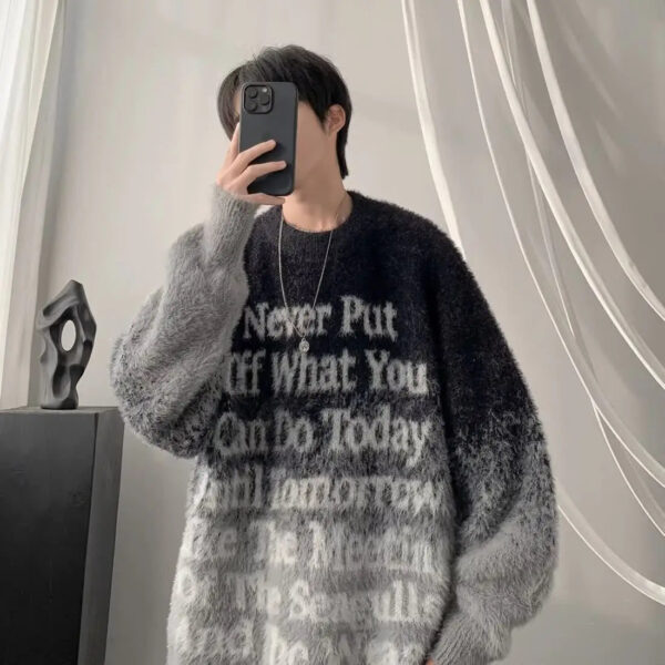 S9ef01c0963d946d5a42786f1635c595ab.jpg Gradient Letters Retro Sweater Men's Autumn Winter Loose Fashion Brand Handsome Clothes American Trendy Lazy Style Knitted