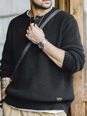 Maden Workwear American Retro Black Knitted Henley Shirt Vertical Stripe Pullover Sweater for Men Autumn and Winter