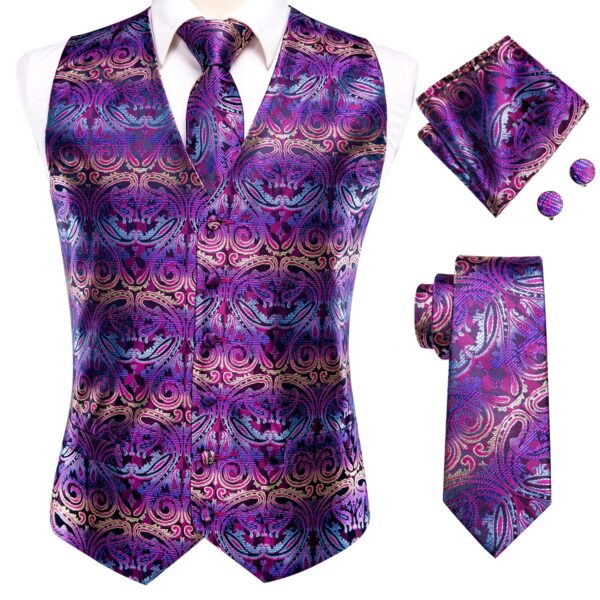 Wedding Purple Men Vest Paisley Floral Necktie Handkerchief Cufflinks Sets Blue Green Red Male Sleeveless V-Neck Waistcoat Party