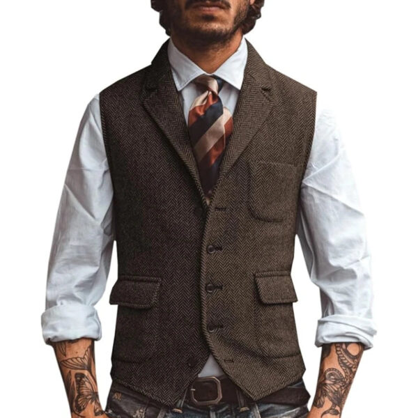 Men Vest Brown Herringbone Business Waistcoat Jacket Casual Slim For Wedding Groom Banquet Gilet Vest