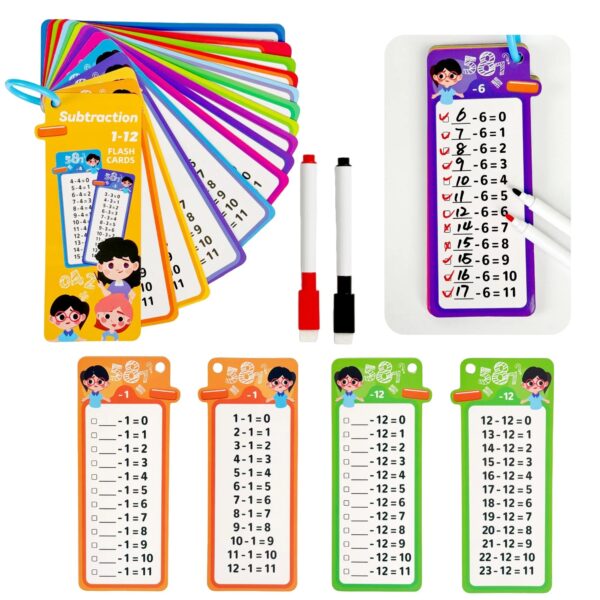Math Flash Cards Set: Addition, Subtraction, Multiplication, Division & Fraction Learning, 15 Cards + 2 Erasable Pens