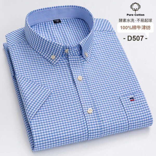 Sa1fcddff76ed418cb2cbeef1219f0148g.jpg Fashionable Men's Shirt Short Sleeve 100% Cotton Oxford Stripe Plaid Formal Men's Casual Social Shirt Available in Large Sizes