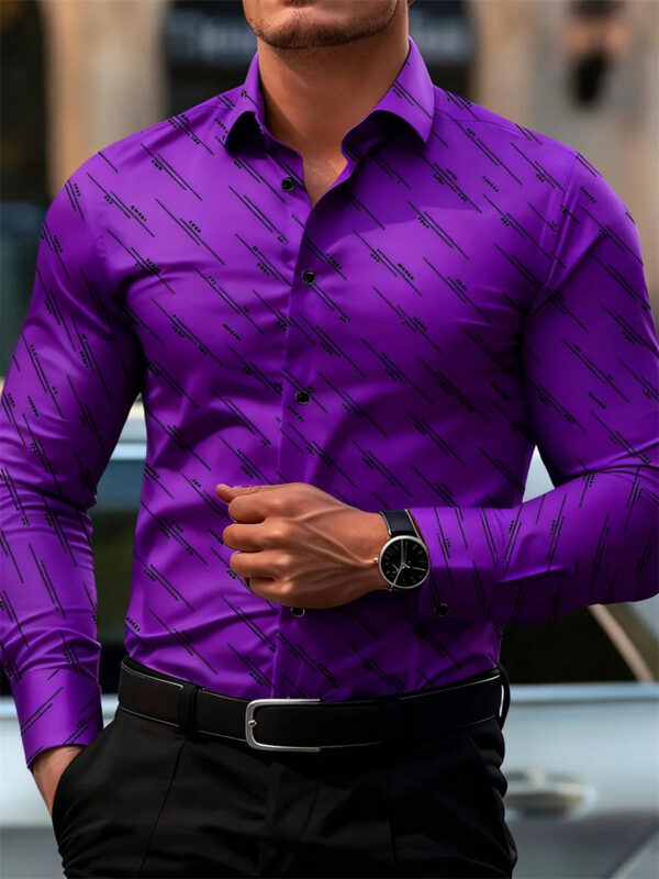Men's shirt fashion geometric line print long sleeve shirt business office casual slim versatile daily outdoor commuting top