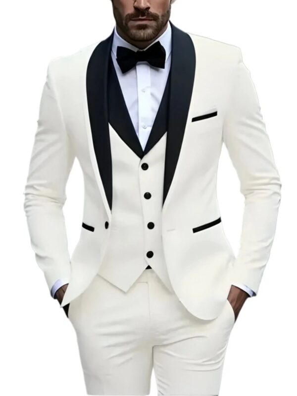 Sa27c5afdad42400b91e56e6bbe113473Y.jpg White Slit Mens Suits 3 Piece Black Shawl Lapel Casual Groom Tuxedos for Wedding Groomsmen Suits Men 2025 (Blazer+Vest+Pant)