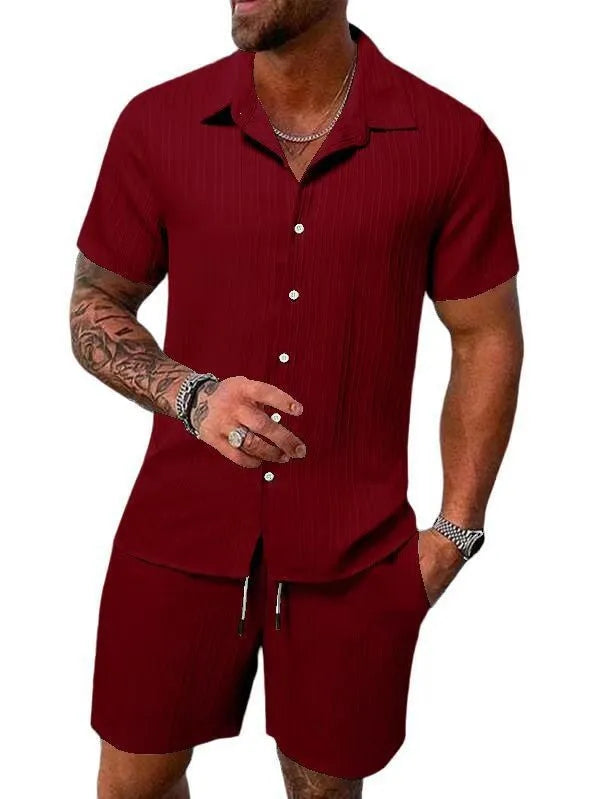 Sa2bdea55d4ee493d89f56362f284e10cH.jpg Spring And Summer New Sports Men's Polo Casual Solid Color Loose Short-sleeved Drawstring Shorts Cardigan Striped Sports Suit