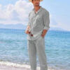 Mens Casual Linen Two Piece Sets 2024 Europe Style Vintage Basic Tops and Solid Pants Suit Male Beach Tracksuits Set