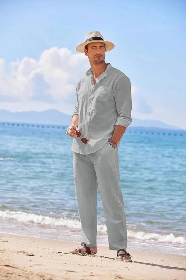 Mens Casual Linen Two Piece Sets 2024 Europe Style Vintage Basic Tops and Solid Pants Suit Male Beach Tracksuits Set