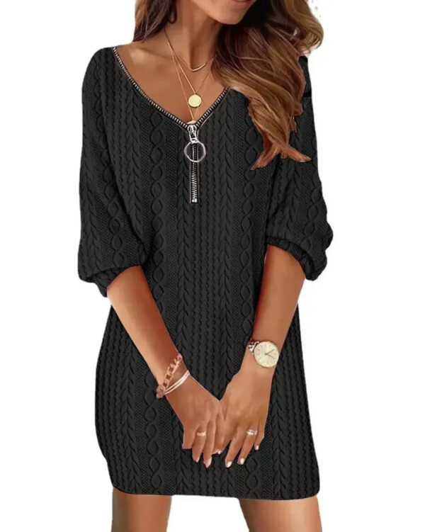 Sa3c615408ef94da48e351cced0a4faf2m.jpg Sexy Zipper Mini Dress Women Winter Autumn V Neck Long Sleeve Dresses Solid Color Casual Basic Robe