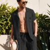 Sa47e14d8a0f54cce9eac42b3c9045cc9r.jpg Summer Cotton Linen Shirt Set Men's Casual Outdoor 2-Piece Suit Andhome Clothes Pajamas Comfy Breathable Beach Short Sleeve Sets