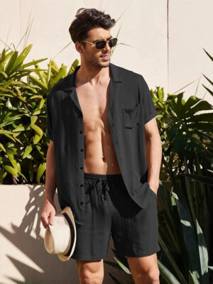 Sa47e14d8a0f54cce9eac42b3c9045cc9r.jpg Summer Cotton Linen Shirt Set Men's Casual Outdoor 2-Piece Suit Andhome Clothes Pajamas Comfy Breathable Beach Short Sleeve Sets