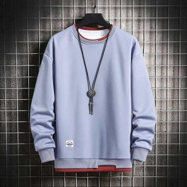 Sa57274860de5427e867a45a9ddc148e4D.jpg Mens Casual Sweatshirts Hoodie Men Fake Two Pieces Multi Color O-Neck Fashion Harajuku Style Male Sweatshirt 2023 New