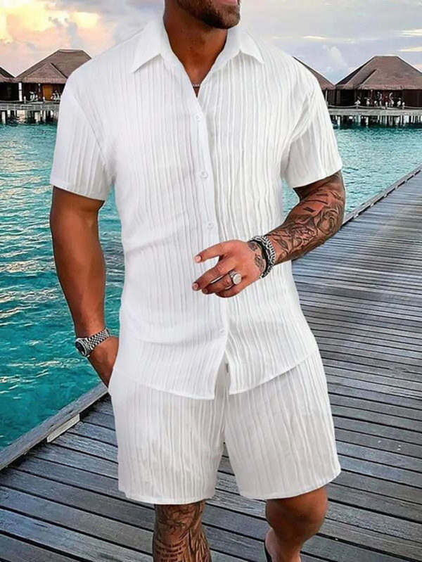 Sa5746ec4f3dc497d89a3c18b81a24b6fb.jpg Spring And Summer New Sports Men's Polo Casual Solid Color Loose Short-sleeved Drawstring Shorts Cardigan Striped Sports Suit