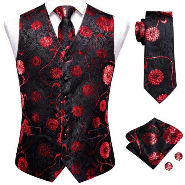 Wedding Purple Men Vest Paisley Floral Necktie Handkerchief Cufflinks Sets Blue Green Red Male Sleeveless V-Neck Waistcoat Party