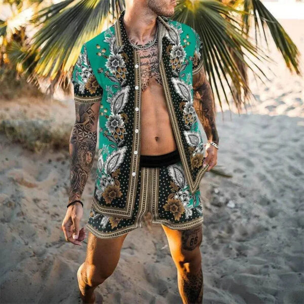 Sa6cc096bf02b4ec895de92b23689360ez.jpg 2024 Summer Men's Fashion Leopard Print Short Sleeve Shirt And Shorts Set Beach Style T Shirt Breathable Shorts Two Piece Set