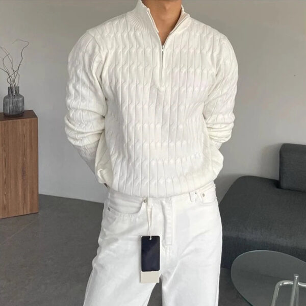 Sa7b067f6ae6d4845bc669deb1b0c910c1.jpg Autumn Men Knitted Zipper Pullover Sweater Long Sleeve Solid Color Premium Jacquard Stand Collar Knitwear Trending Streetwear