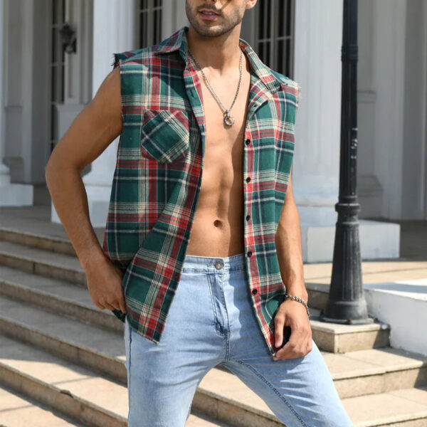 Men's Summer Fashion Casual Plaid Print Sleeveless T Shirt Vest Buckle Sanding 2023 Korean Style Mens Tank Tops Beach Vest