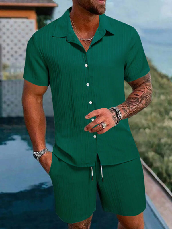 Sa8cb4fc0882e42e1b7821914403db4d9X.jpg Spring And Summer New Sports Men's Polo Casual Solid Color Loose Short-sleeved Drawstring Shorts Cardigan Striped Sports Suit