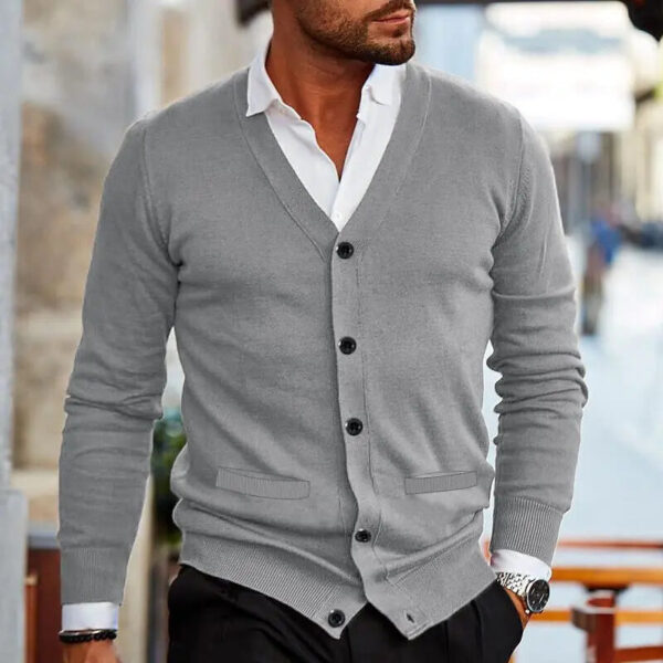 Sa90775e61e0a42e8a6cc4da8f6b9f17bT.jpg Spring Autumn Mens Solid Color Knitted Cardigan Fashion V-Neck Long Sleeve Slim Fit Sweater Coat with Pockets Men Knit Outwear