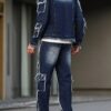 Men's spring and autumn denim suit, multi - pocket design, wide straight - leg pants style