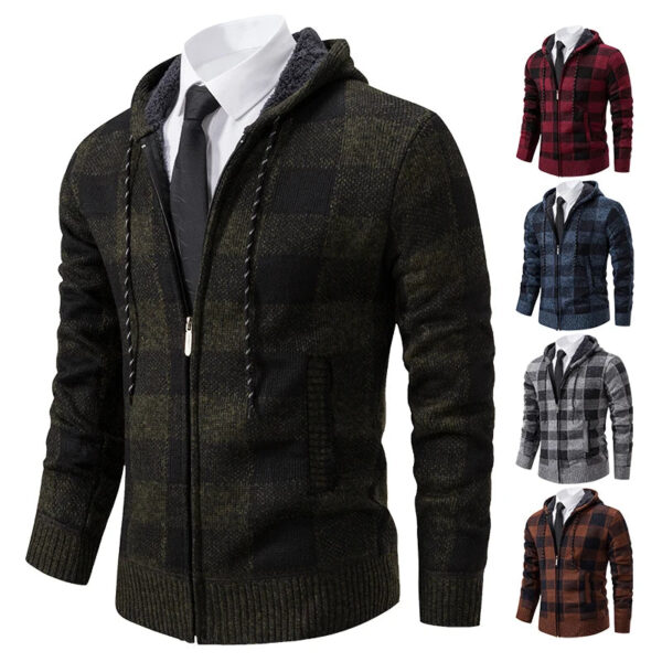 Sa9cfdd67565144a0ae313ea33f3a5000S.jpg Autumn Winter Men's Cardigan Fashion Plus Velvet Padded Knit Jumpers Male Sweater Hooded Plaid Korean Luxury Brand Coat