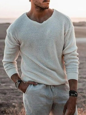 2022 Spring Men Sweater Fashion Solid Color V Neck Long Sleeve Knitted Pullover Sweater Soft Slim Casual Sweater