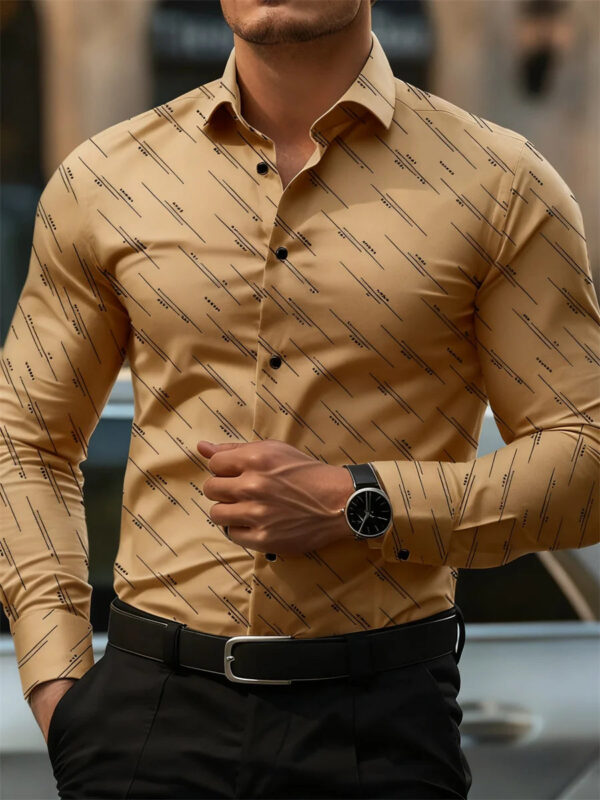 Men's shirt fashion geometric line print long sleeve shirt business office casual slim versatile daily outdoor commuting top