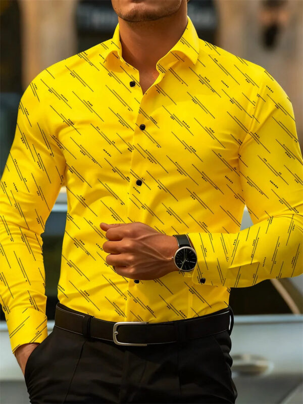 Men's shirt fashion geometric line print long sleeve shirt business office casual slim versatile daily outdoor commuting top